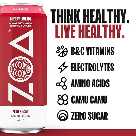 ZOA Zero Sugar Energy Drink, Cherry Limeade - Sugar Free with Electrolytes, Healthy Vitamin C, Amino Acids, Essential B-Vi...