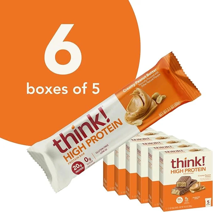 think! Protein Bars, High Protein Snacks, Gluten Free, Kosher Friendly, Creamy Peanut Butter, Nutrition Bars, 2.1 Oz per B...