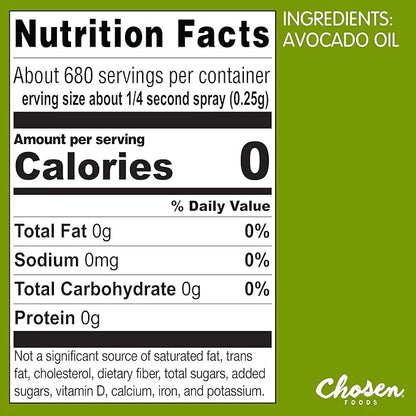 Chosen Foods 100% Pure Avocado Oil Spray, Keto and Paleo Diet Friendly, Kosher Cooking Spray for Baking, High-Heat Cooking...