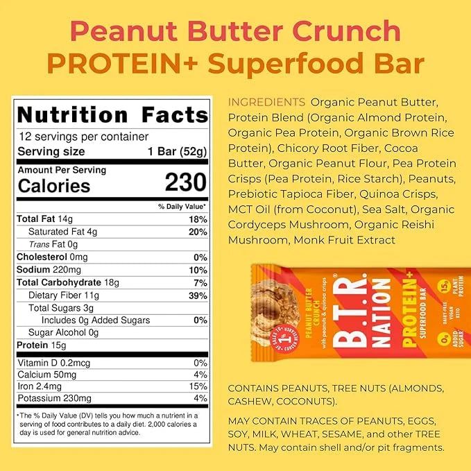 B.T.R. Bar Superfood Keto Protein Bars, Plant Based Vegan Protein, Low Carb Food, Low Calorie, Gluten Free, No Sugar Alcoh...