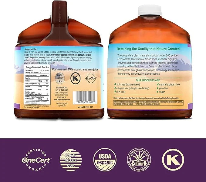 Lily of the Desert Aloe Vera Juice - Organic, Preservative-Free Inner Fillet Aloe Vera Drink with Natural Digestive Enzyme...