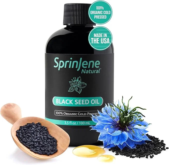 SprinJene Natural® 100% Pure Organic Black Seed Oil Cold Pressed for Oral Wellness, Nigella Sativa Black Seed Oil, Black C...
