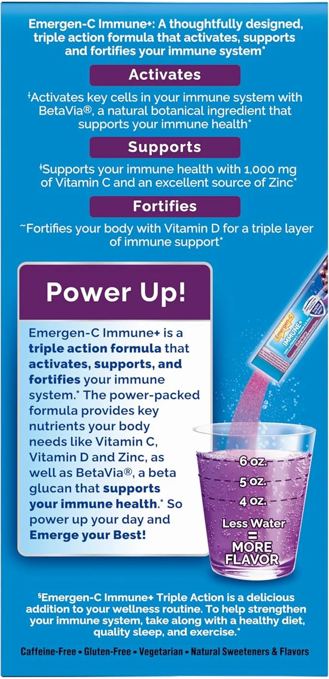 Emergen-C Immune+ Vitamin C 1000mg (18 Count, Elderberry) Dietary Supplement Fizzy Drink Mix Powder Packets - Product Image