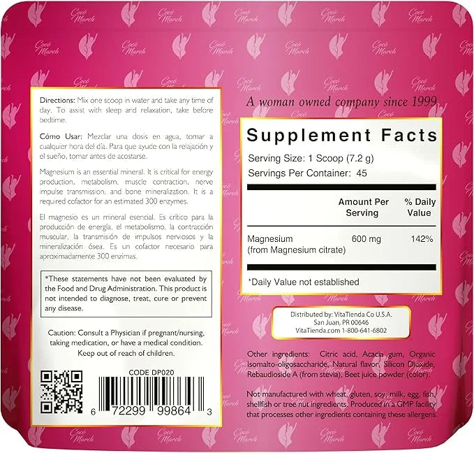 Coco March Pink Magnesium Powder - Promotes Sleep, Relaxation and Healthy Brain Function, Strawberry Flavor - Free from: G...