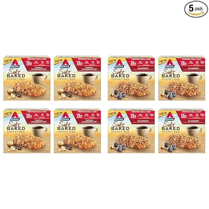 Atkins Soft Baked Energy Bars, Vanilla Macadamia Nut & Blueberry, 15g Protein, Low Sugar, Excellent Source of Fiber, Low C...