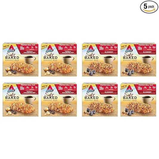 Atkins Soft Baked Energy Bars, Vanilla Macadamia Nut & Blueberry, 15g Protein, Low Sugar, Excellent Source of Fiber, Low C...