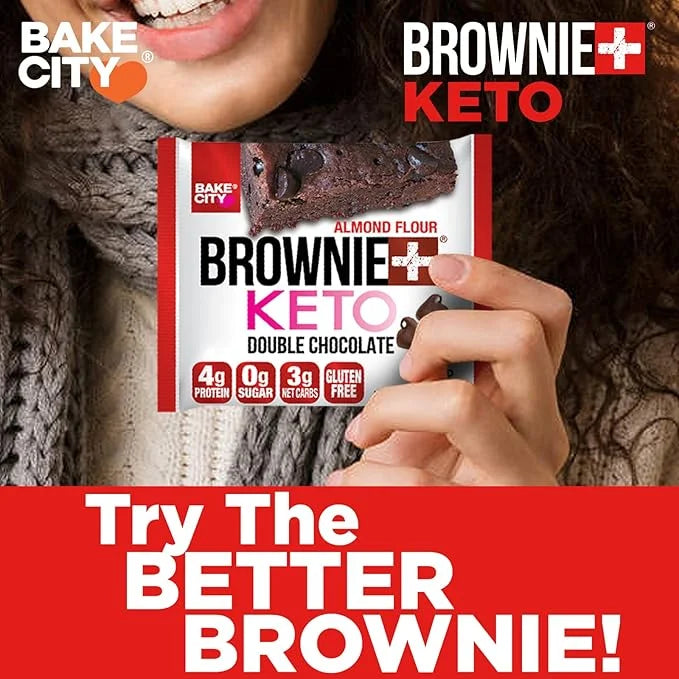 Bake City Brownie+ Keto | 1.2oz Brownie (12 pack), Gluten Free, 0g Sugar, Only 3g Net Carbs, Good Fats, 4g Protein, Kosher...
