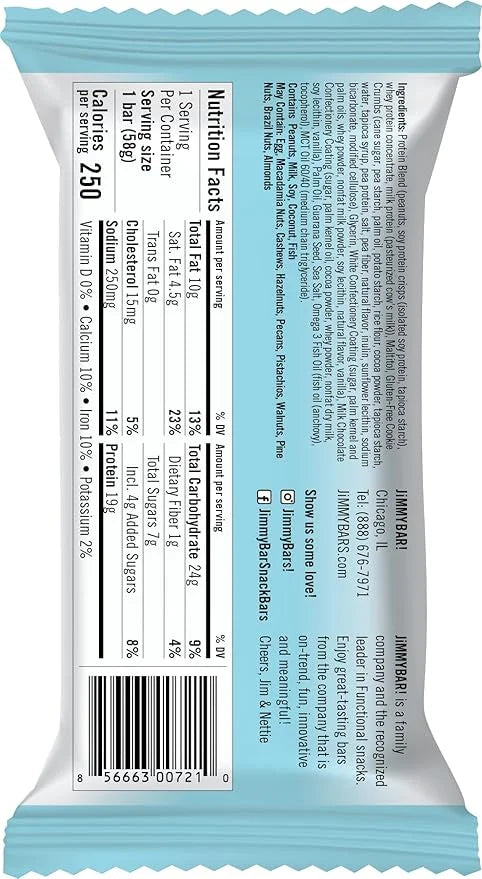 JiMMY'S! Functional Protein Bar - Cookies and Cream -12 Count - 18g Protein with Caffeine, Omega 3 and MCT Oils - Low Suga...