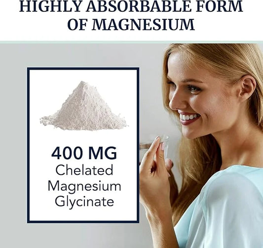 Magnesium Glycinate 400mg | High Absorption Formula for Sleep, Calm, Muscle Relaxation, Heart, Bone & Nerve Support for Wo...