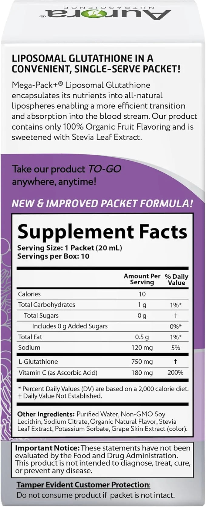 Aurora Nutrascience Mega-Liposomal Liquid Glutathione, Immune System Support, Antioxidant, 750 mg per Serving, 10 Single-S...