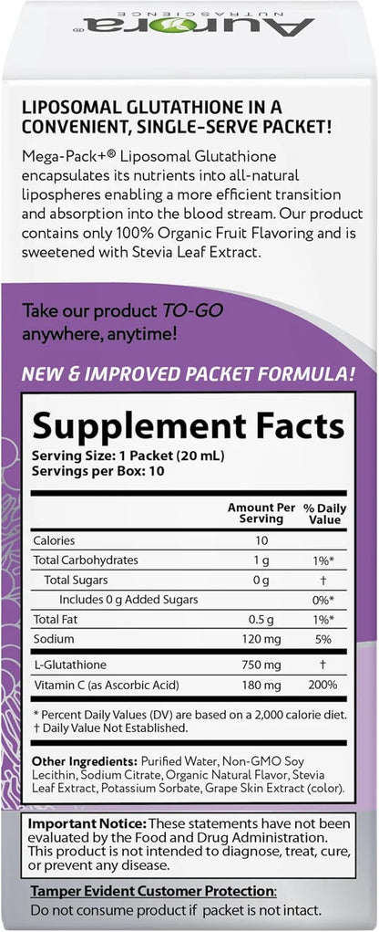 Aurora Nutrascience Mega-Liposomal Liquid Glutathione, Immune System Support, Antioxidant, 750 mg per Serving, 10 Single-S...