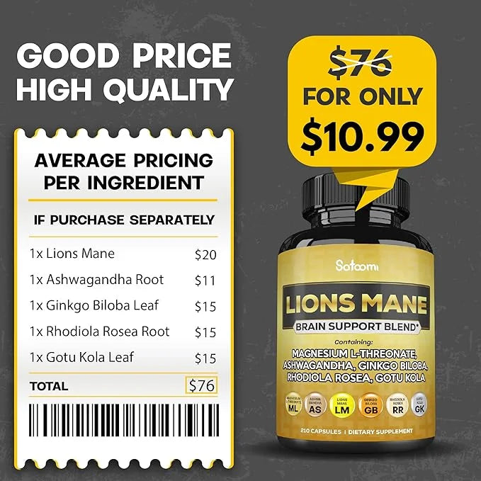 Lions Mane Supplement Capsules with Magnesium 210 Vegan