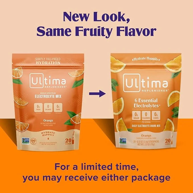 Ultima Replenisher Daily Electrolyte Powder Drink Mix – Orange, 20 Stickpacks – Hydration Packets with 6 Key Electrolytes ...