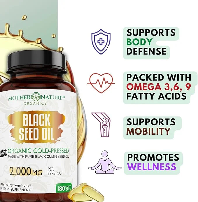 Mother Nature - Organic Black Seed Oil Capsules, Cold Pressed, 2% TQ, 100% Turkish-Black Cumin Nigella, Sativa Oil-3 Month...