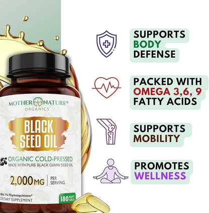 Mother Nature - Organic Black Seed Oil Capsules, Cold Pressed, 2% TQ, 100% Turkish-Black Cumin Nigella, Sativa Oil-3 Month...