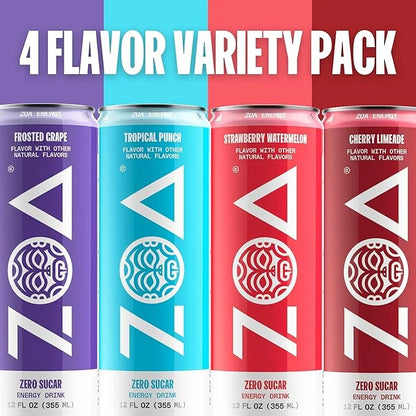 ZOA Zero Sugar Energy Drinks, Variety Pack - Sugar Free with Electrolytes, Healthy Vitamin C, Amino Acids, Essential B-Vit...