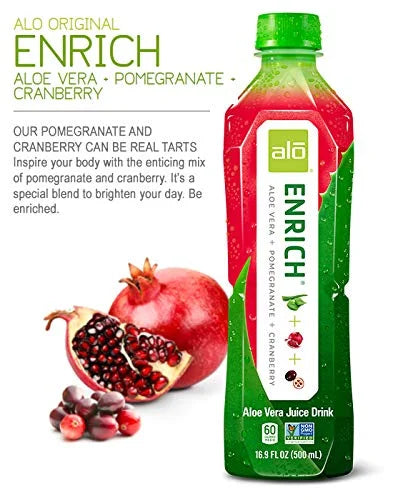 ALO Aloe Vera Juice Drink | ENRICH - Pomegranate + Cranberry | 16.9 fl oz, Pack of 12 | Plant-Based Drink with Real Aloe P...