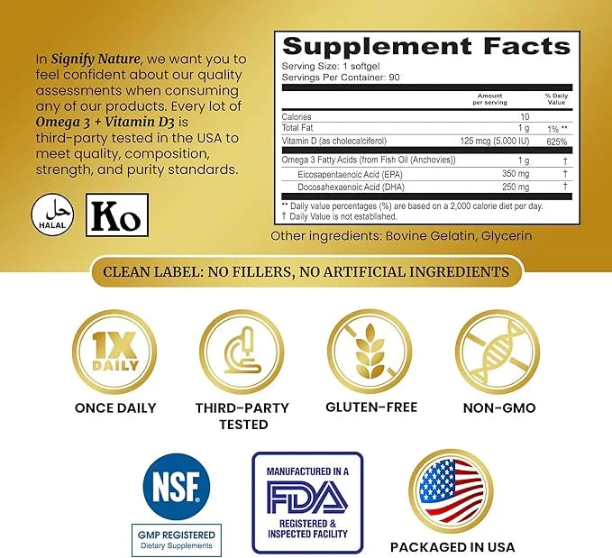 Omega 3 Fish Oil Supplement D3 5000 5000 IU 1000mg Triglyceride Omega-3 Fish 3 Blend D3 & 3-90CT
