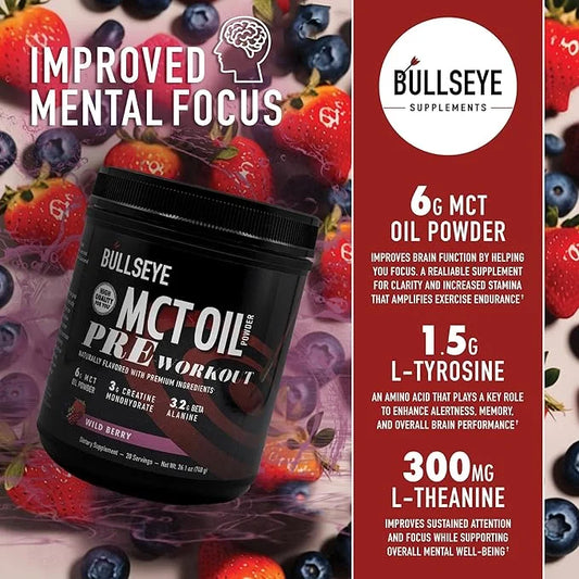 Bullseye MCT Oil Pre Workout Supplement - Creatine Monohydrate, Medium Chain Triglycerides, Beta Alanine, Caffeine, L-Citr...