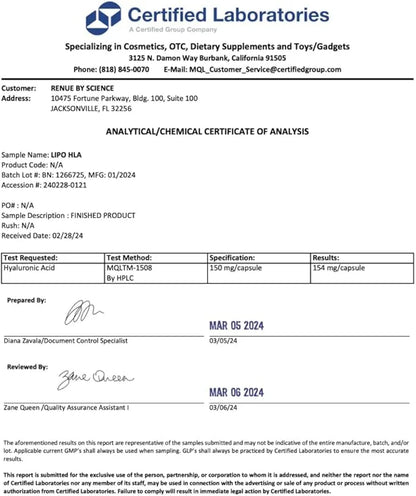Renue By Science Hyaluronic Acid | HLA Liposomal Hyaluronic Acid Supplements | 90 Acido Hialuronico Capsules - 150mg Hylun...