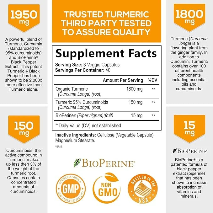 Turmeric Curcumin with BioPerine 95% Standardized 1950mg - 120 Capsules
