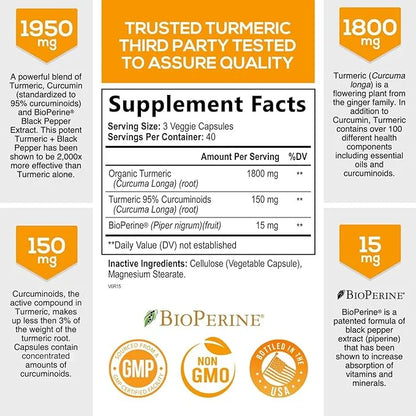 Turmeric Curcumin with BioPerine 95% Standardized 1950mg - 120 Capsules