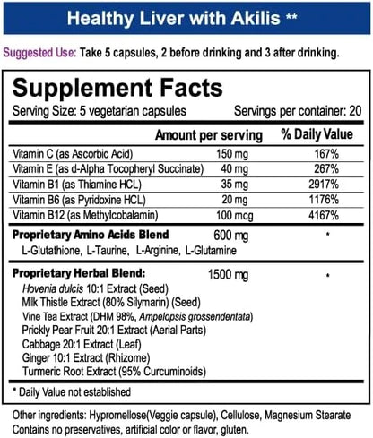 Akilis Antioxidant Liver Support Pills 100 Vegi Caps (33 Doses), Better Mornings After Drinking, Hovenia dulcis, Vine Tea ...