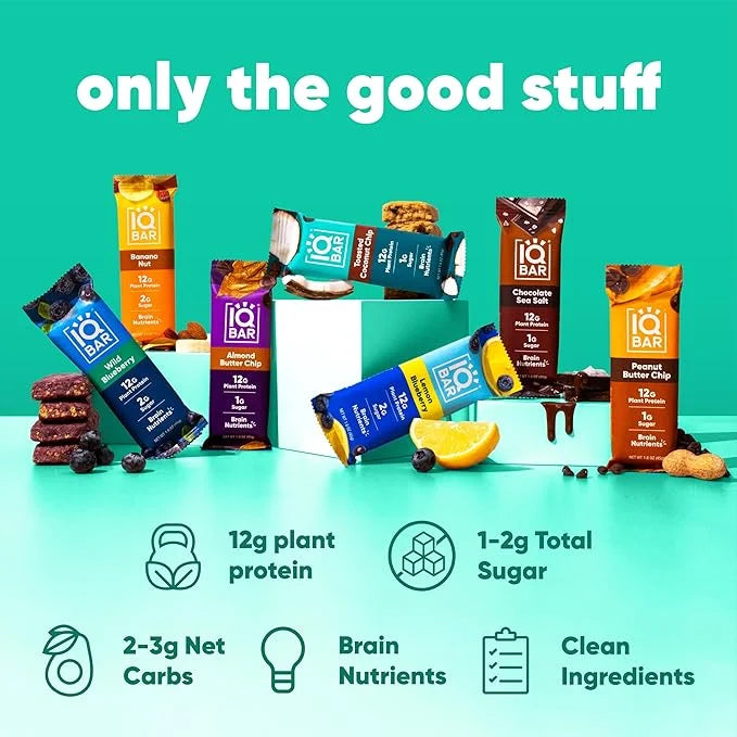 IQBAR Brain and Body Plant Protein Bars - 7 Bar Sampler Pack - Gluten Free, High Fiber, Vegan Snacks - Low Sugar Meal Repl...