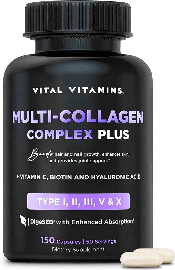 Vital Vitamins Multi Collagen Plus - with Biotin, Hyaluronic Acid, Vitamin C - Type I, II, III, V, X - for Women & Men - H...