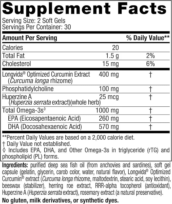 Nordic Naturals Omega Memory with Curcumin, Lemon - 60 Soft Gels - 1000 mg Omega-3 + 400 mg Optimized Curcumin - Memory, C...