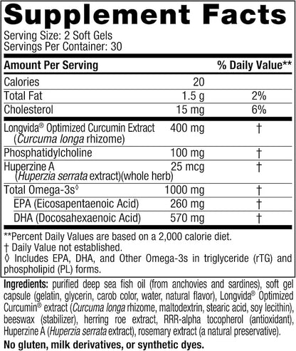Nordic Naturals Omega Memory with Curcumin, Lemon - 60 Soft Gels - 1000 mg Omega-3 + 400 mg Optimized Curcumin - Memory, C...