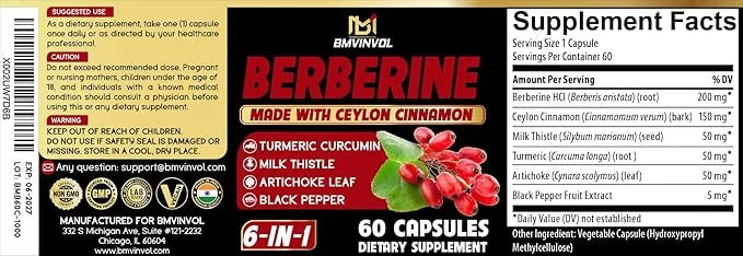 Berberine with Ceylon Cinnamon, Turmeric, Milk Thistle, Artichoke, Black Pepper - 60 Count - Pack of 1 - Product Image