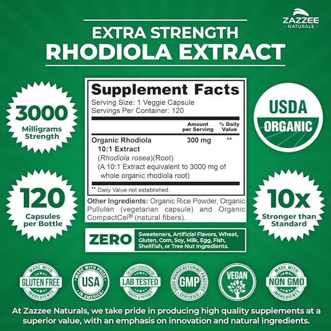 Zazzee USDA Organic Rhodiola 10:1 Exract, 3000 mg 120 Capsules, 4 Month 10X Extract, 100% Vegetarian,