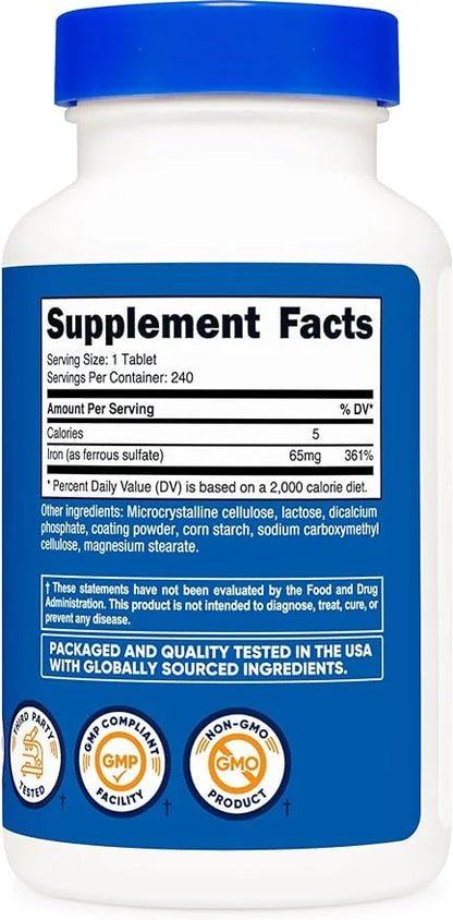 Nutricost Iron (As Ferrous Sulfate) 65mg, 240 Tablets - Non-GMO, Gluten Free - Product Image