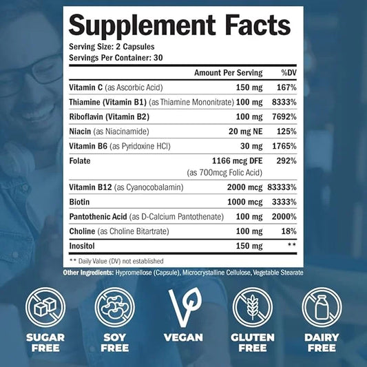 Vitamin B Complex with Vitamin C 8 High B1, B2, B2, B3, B3, B5, B5, B6, B6, B7, B7, Vitamin B12 +
