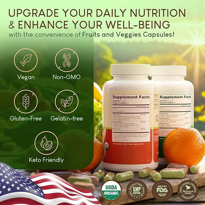 100% Organic Fruits and Veggies Supplement (USDA Organic - Made in USA) 180 Potent Fruits and Vegetable Capsules for Energ...