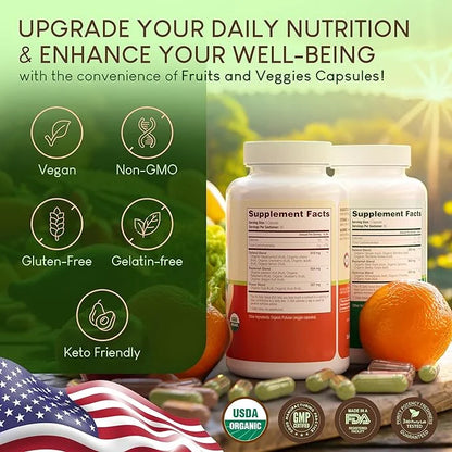 100% Organic Fruits and Veggies Supplement (USDA Organic - Made in USA) 180 Potent Fruits and Vegetable Capsules for Energ...