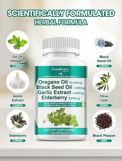 Oregano Oil 12,000mg Black Seed Oil 3,000mg Garlic 4,000mg Elderberry 3,000mg - D3 & 120 Capsules丨Vegan