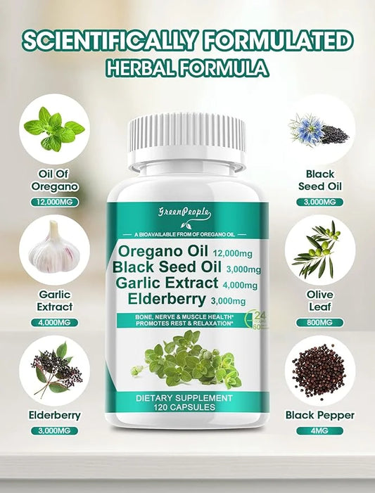 Oregano Oil 12,000mg Black Seed Oil 3,000mg Garlic 4,000mg Elderberry 3,000mg - D3 & 120 Capsules丨Vegan