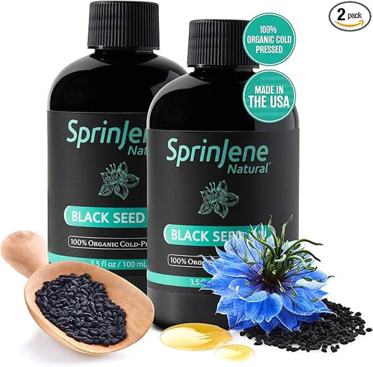 SprinJene Natural® 100% Pure Organic Black Seed Oil Cold Pressed for Oral Wellness, Nigella Sativa Black Seed Oil, Black C...