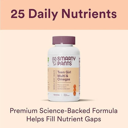 SmartyPants Teen Girl Multivitamin Gummies: Omega 3 Fish D3, B12, B12, Vitamin 120 Count (30 Day