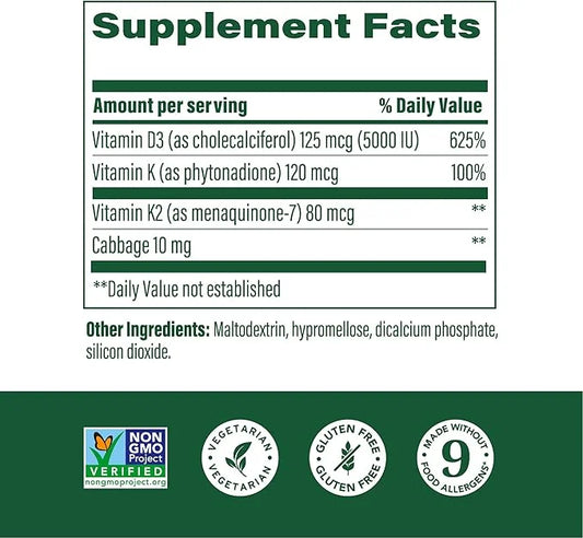 MegaFood Vitamin D3 5000 IU (125 mcg) D3 K2, K2, Supports 120 Mini 120 Servings