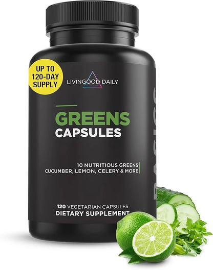Livingood Daily Greens Capsules (120 Vegetarian Capsules) - Super Greens Supplement with Spirulina, Chlorella, Broccoli, S...