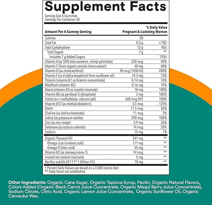 SmartyPants Organic Prenatal Vitamins for Women, 3 (ALA), D3, C, B12, B6, B6, Vitamin K2 & 120 Count (30 Day