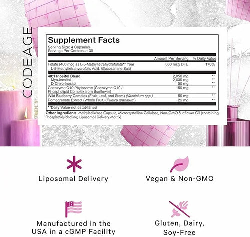 Codeage Liposomal Ovarian Inositol+ Supplement - Myo-Inositol & D-Chiro-Inositol 40:1 Blend, Folate 5-MTHF, CoQ10, Pomegra...