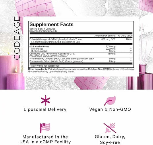 Codeage Liposomal Ovarian Inositol+ Supplement - Myo-Inositol & D-Chiro-Inositol 40:1 Blend, Folate 5-MTHF, CoQ10, Pomegra...