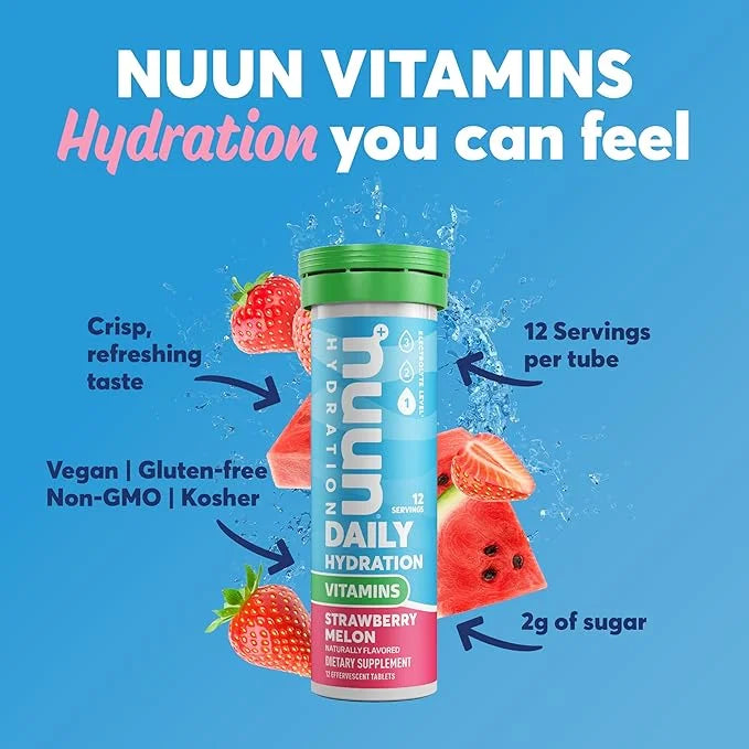 Nuun Hydration Vitamins Electrolyte Tablets, Strawberry Melon, 5 Essential Electrolytes for Hydration + Vitamin A, B6, C, ...