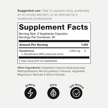 Toniiq Ultra High Strength Glutathione Capsules - 1000mg Concentrated Formula - 98%+ Highly Purified and Bioavailable - No...