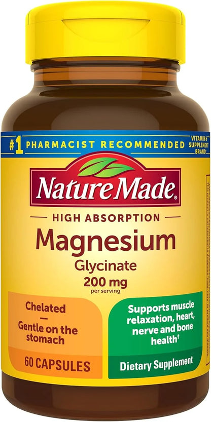 Nature Made Magnesium Glycinate 200 mg per Serving, Magnesium Supplement for Muscle, Heart, Nerve and Bone Support, 60 Mag...