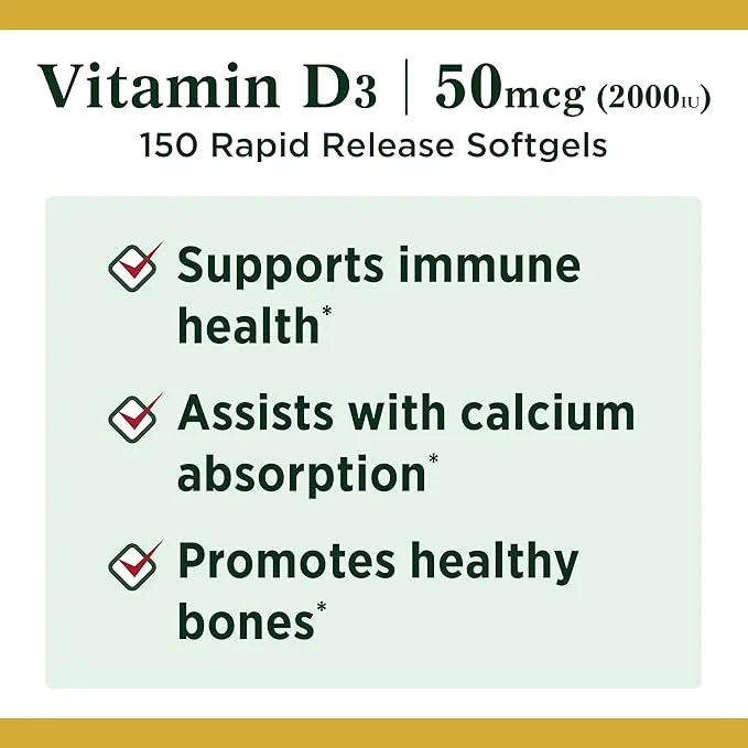 Nature's Bounty Vitamin D, Supports Immune 2000IU Vitamin D3, 150 150 Softgels ,150 Count 1)